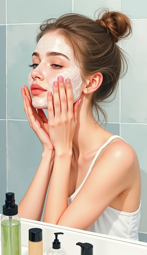 Subject: A girl practicing double cleansing,
Creative descriptions: clear skin, refreshed appearance, radiant glow,
Environment: bathroom with skincare products neatly arranged,
Mood/atmosphere: focused, determined, skincare enthusiast,
Artistic medium/techniques: watercolor painting with detailed textures,
Artists/illustrators: Winslow Homer, Realism, Soft watercolor washes, intricate details,
Camera settings: Opt for a macro lens to capture intricate details and vibrant colors.