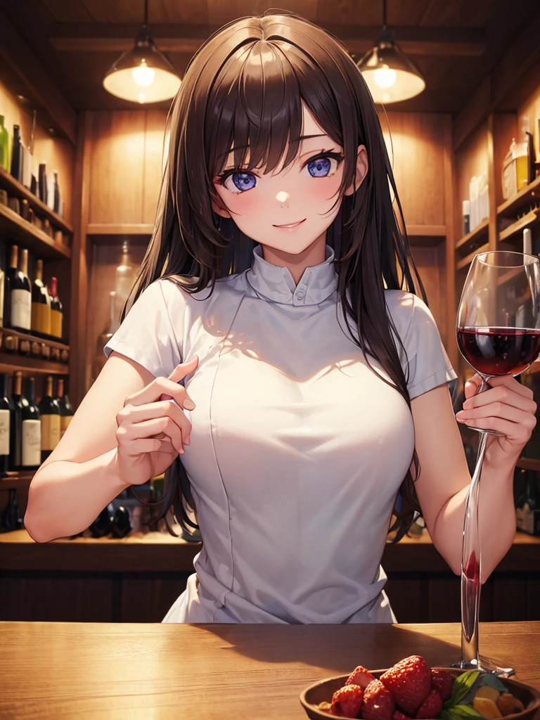 (masterpiece:1.5),(Beat quality),(high res),1girl solo,beautiful face,smile(shining eyes),upper body,light effects,Plainclothes woman,wine,bar
