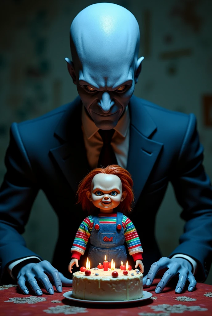 An image with Chucky in the center, a cake on the table and Megamind next to him.