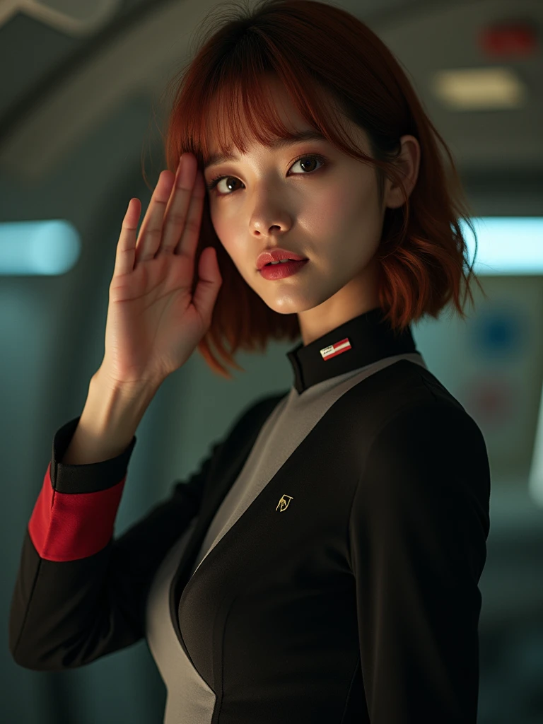 (Model shooting style), Lonely, Shiny Hair、 Extremely rich facial detail, 美Shii目, bright, さびShii目, Stunning beauty, (Rembrandt Lighting), ARRI Lenses, Surreal, (Skin with attention to detail:1.2),8k,ARRI ALEXA 35,White Promist, Dramatic Rim Light, high quality,とても繊細で美Shii, 素晴らShii, In detail, masterpiece, Very detailed, High resolution,Best Shot, Best Shadow,Complex,Sharp focus, high quality, alone.cute,美Shii肢体、Flexible muscles、美Shii尻、Lens flare,Beautiful breasts,Cool eyes,Glossy Lips,smile,Glowing Skin,Cinematography, Portrait Photography, 

Earth Federation Forces。Lieutenant Matilda。Short reddish-brown hair。Black and gray two-tone uniform。Dark Eyes。Red Rouge。brightグレーの制帽に地球連邦軍のエンブレム、Black brim。brightグレーの制帽。Red cuffs。Gold decoration on the collar。
sexly。Slender。
Military ship 、Command Room。
Beauty。Beautiful breasts。Is saluting。In the left hand is the evaluation file.。
masterpiece、Highest quality、8k、uhd、High definition、Fine skin quality。Realistic、
From the waist up
(saluteをしている)、(Holding a file notebook under the arm)、Rin々Shii。The charm of an adult woman。salute。