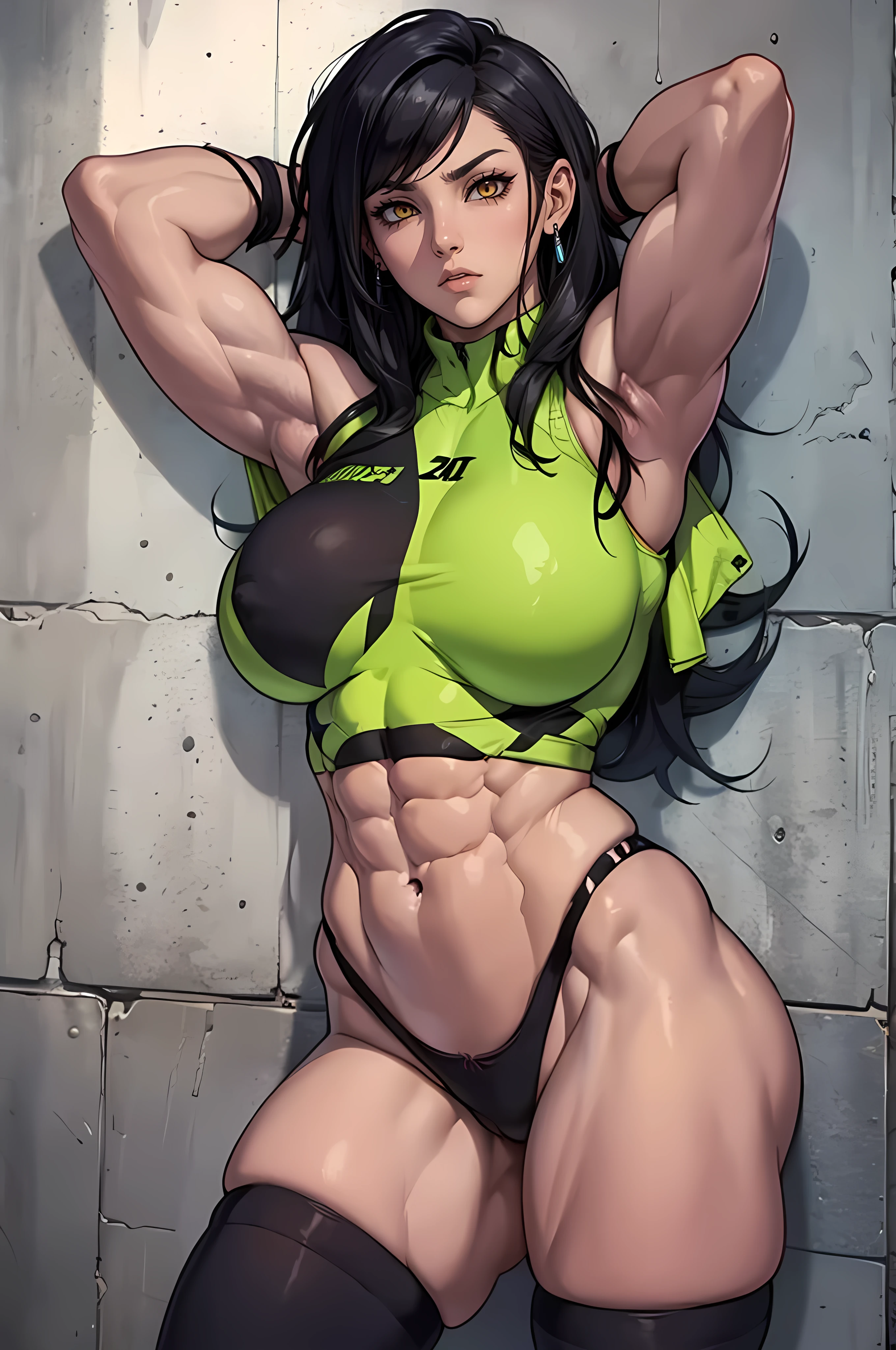 against wall black hair (Massive Female Bodybuilder:2) (Huge Breasts:2)