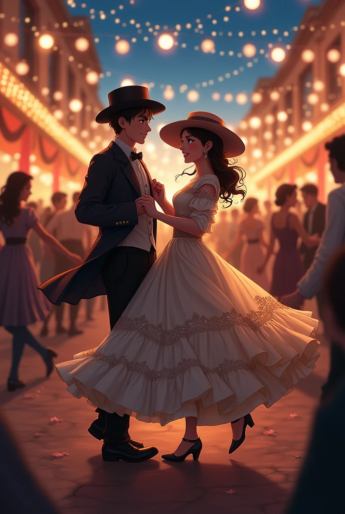 make a pic of a girl and a boy in their early 20's dancing in the midst of a crowd. (1890's era/vibes) make it chaotic like they were in a night festival/event. the girl wears a hat and very flowy and beautiful dress while the boy wears a suit but not that formal. make it look like an anime and the background has alot of people's dancing and some are drinking