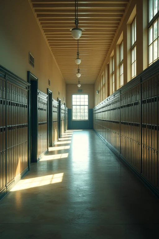 A long, luxurious school hallway with rows of lockers lining the sides and closed classroom doors. The environment is quiet and deserted, with natural lighting creating a contrast between natural light suggesting an atmosphere of impending tension.Realista,cinematic, 8k