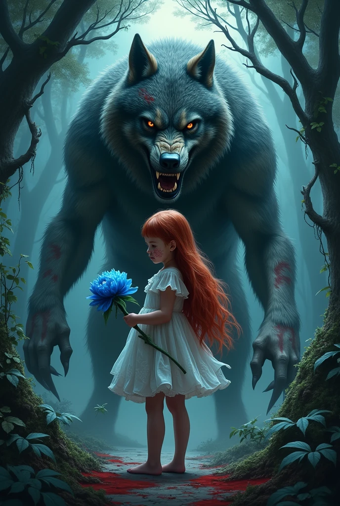 Create a book cover with an extremely bloody and terrifying werewolf at the entrance of a dark and dense forest with a young girl behind him, with long red hair, her face was full of bruises, her eyes were honey colored, her her skin was white, of an angelic beauty, she was holding a blue peony in her hands looking at it, I want the image to have a caption saying "The Girl in the Blue Cover" with a beautiful and eye-catching handwriting but written in Portuguese