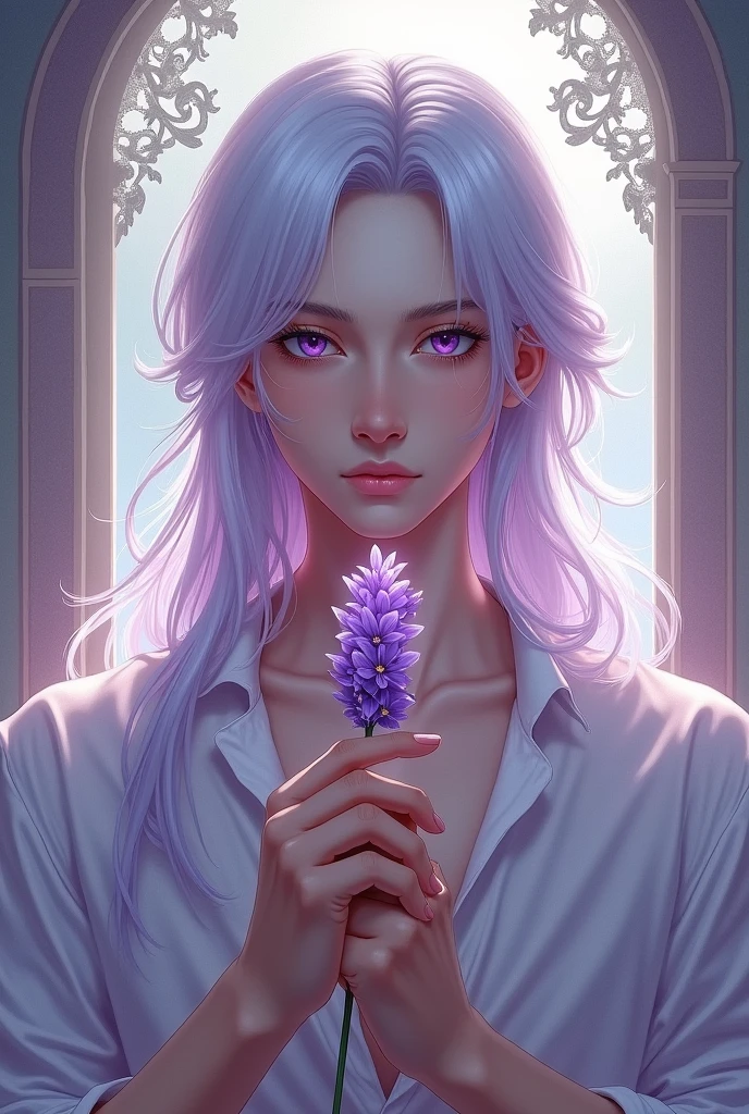 male, Look straight ahead, Solitary, long white and purple hair, Purple Eyes, White shirt, Upper Body, Holding lavender with a pale purple hue., fantasy beauty illuminating the window, male, Boys, masterpiece, painting, Magical atmosphere, Detailed facial features, Flowing long hair, Calm expression, A bright smile, Realistic lighting, Vibrant colors, Ethereal Background, Soft shadows, intricate flower details, Delicate petals, delicate lace curtains, The sun shines in through the window, Dreamy atmosphere, Surreal style
