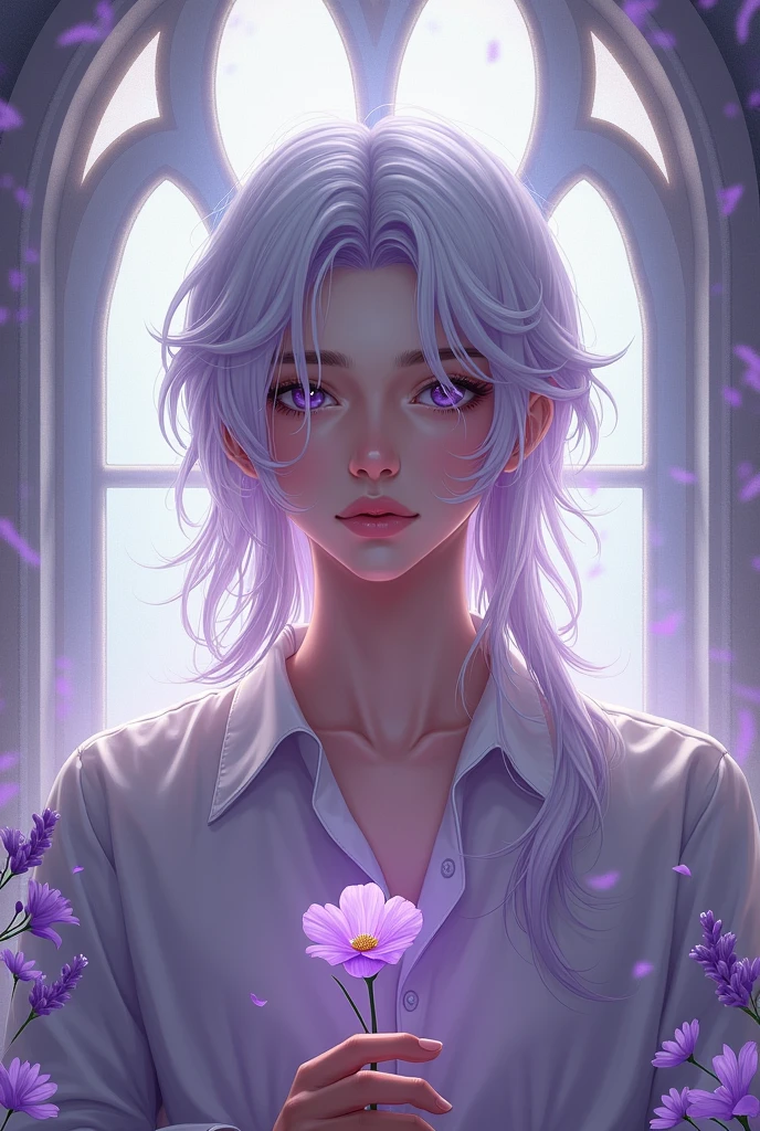 male, Look straight ahead, Solitary, long white and purple hair, Purple Eyes, White shirt, Upper Body, Holding lavender with a pale purple hue., fantasy beauty illuminating the window, male, Boys, masterpiece, painting, Magical atmosphere, Detailed facial features, Flowing long hair, Calm expression, A bright smile, Realistic lighting, Vibrant colors, Ethereal Background, Soft shadows, intricate flower details, Delicate petals, delicate lace curtains, The sun shines in through the window, Dreamy atmosphere, Surreal style