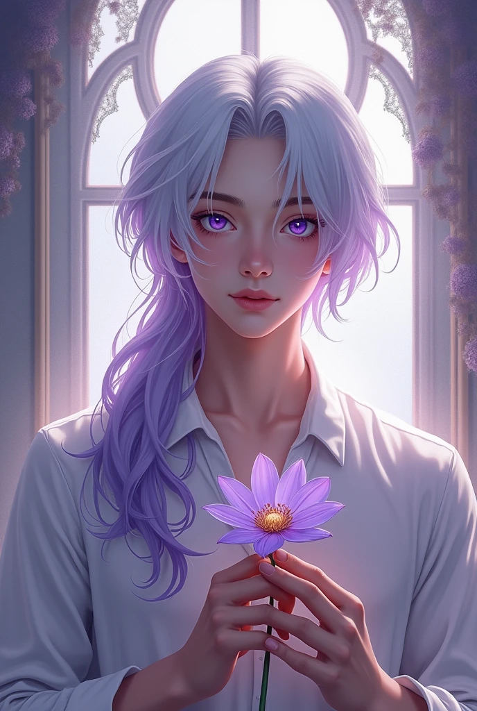 male, Look straight ahead, Solitary, long white and purple hair, Purple Eyes, White shirt, Upper Body, Holding lavender with a pale purple hue., fantasy beauty illuminating the window, male, Boys, masterpiece, painting, Magical atmosphere, Detailed facial features, Flowing long hair, Calm expression, A bright smile, Realistic lighting, Vibrant colors, Ethereal Background, Soft shadows, intricate flower details, Delicate petals, delicate lace curtains, The sun shines in through the window, Dreamy atmosphere, Surreal style