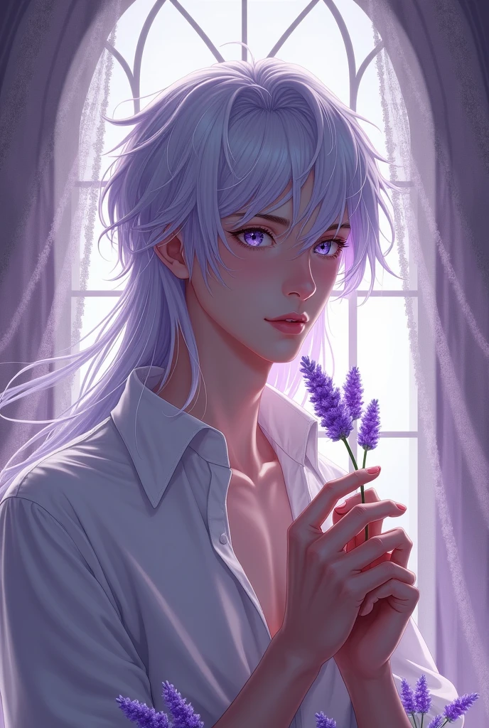 male, Look straight ahead, Solitary, long white and purple hair, Purple Eyes, White shirt, Upper Body, Holding lavender with a pale purple hue., fantasy beauty illuminating the window, male, Boys, masterpiece, painting, Magical atmosphere, Detailed facial features, Flowing long hair, Calm expression, A bright smile, Realistic lighting, Vibrant colors, Ethereal Background, Soft shadows, intricate flower details, Delicate petals, delicate lace curtains, The sun shines in through the window, Dreamy atmosphere, Surreal style