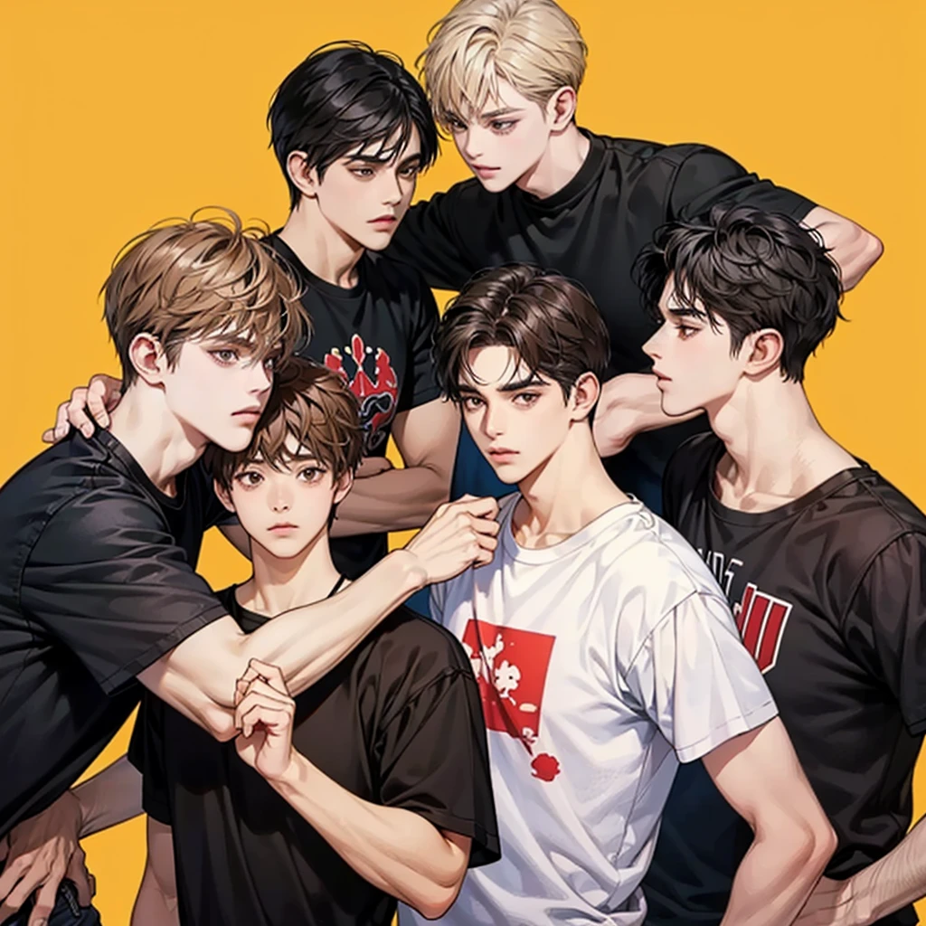 Four boys, black hair, brown eyes, simple background, high resolution, brown hair, stand in a line.., Wear a t-shirt, shut your mouth, handsome, cool,