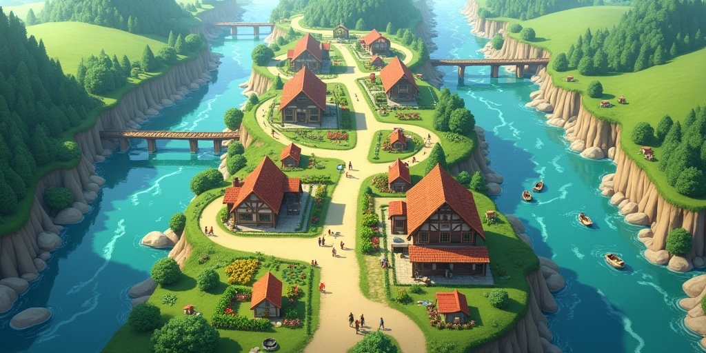 Two rivers on either side of a village
