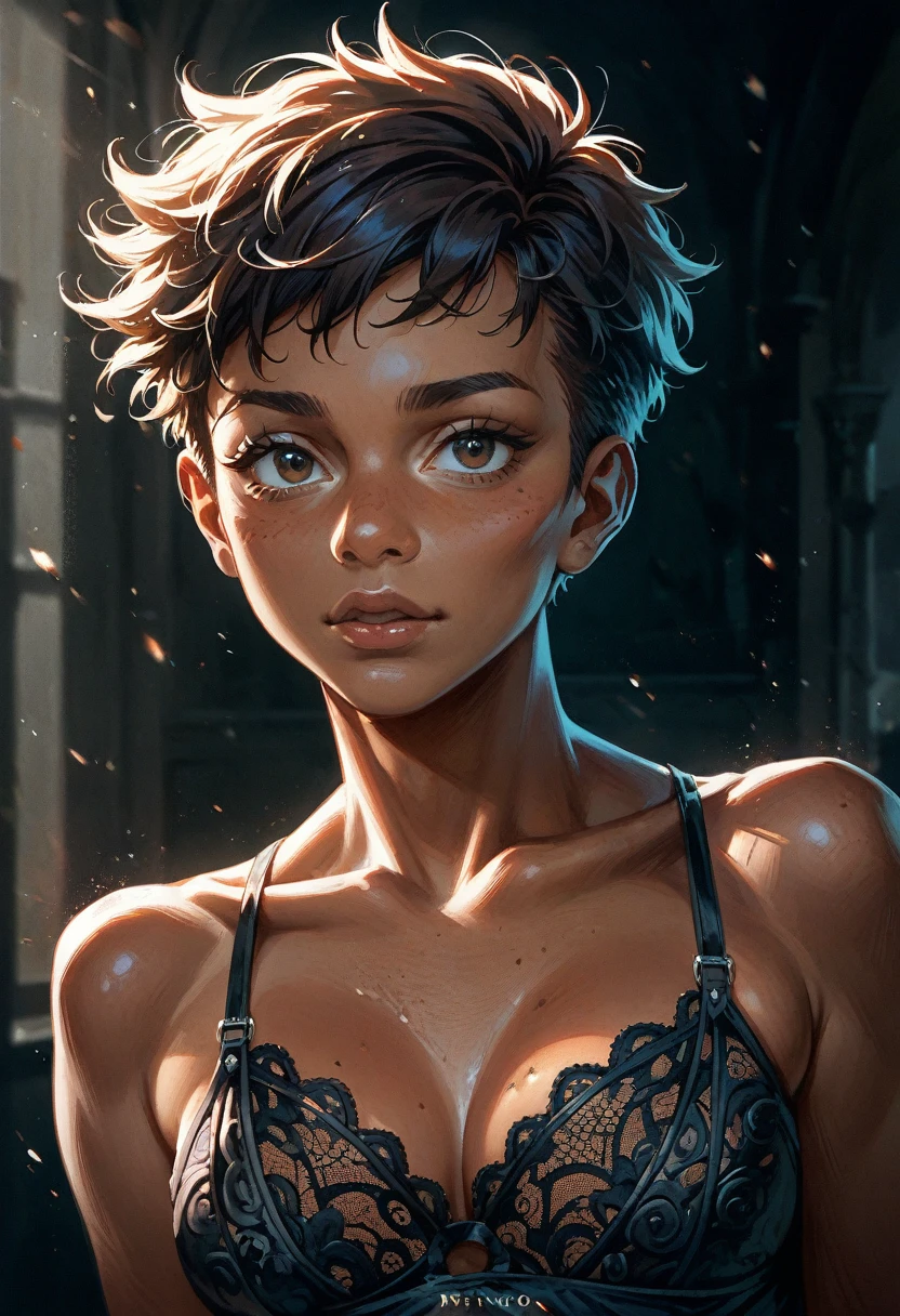 A beautiful tomboy girl with intense facial expression, extreme pleasure, lace thong, detailed facial features, pixie hair, tanned skin, emotional, , sensual, intimate, masterpiece, 8k, photorealistic, chiaroscuro lighting, dramatic shadows, cinematic composition
