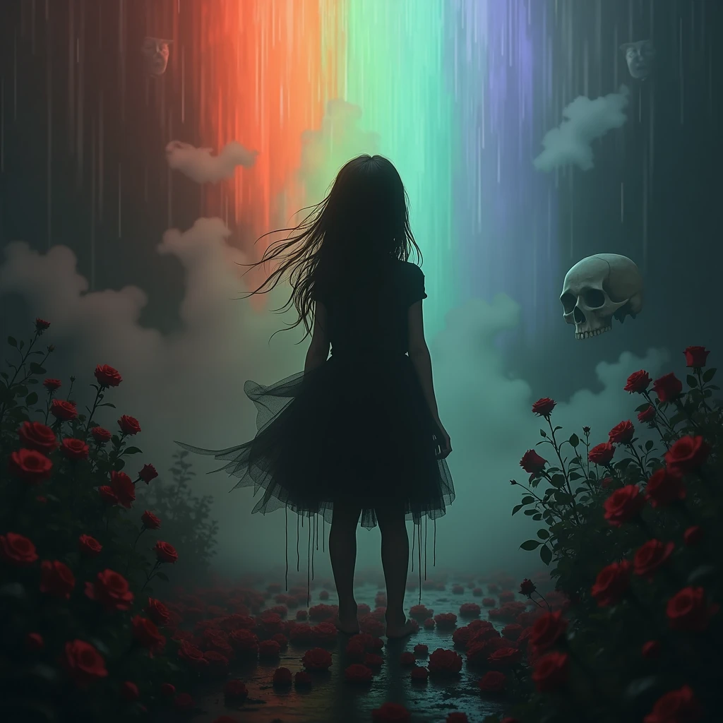1 girl, (silhouette:1.3), blackwork, painful, nasty, sheet, roses, Scull, Abstract, ambient lighting, (blurred background, blurred foreground, depth of field:1.3), Swirling fog, Rainbow Mist, traditional texture, dripping