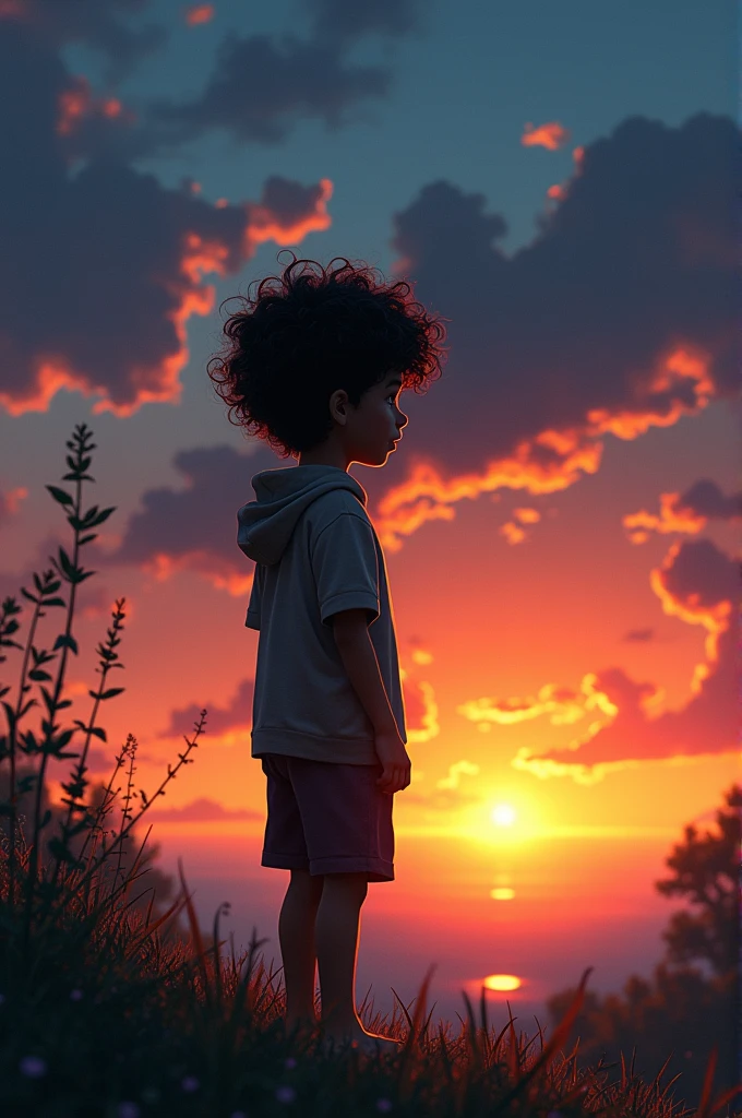 Alone boy standing infront of the sun set with curly hairs waiting for it to rise again