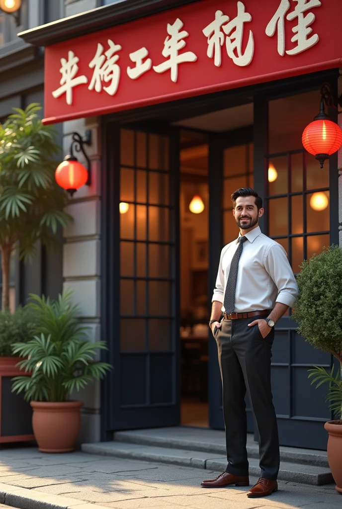 Restaurant owner is there outside Restaurant
Restaurant clearly visible.