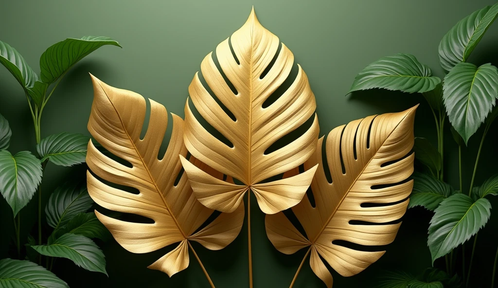 Three large golden Monstera leaves shining against an olive green background