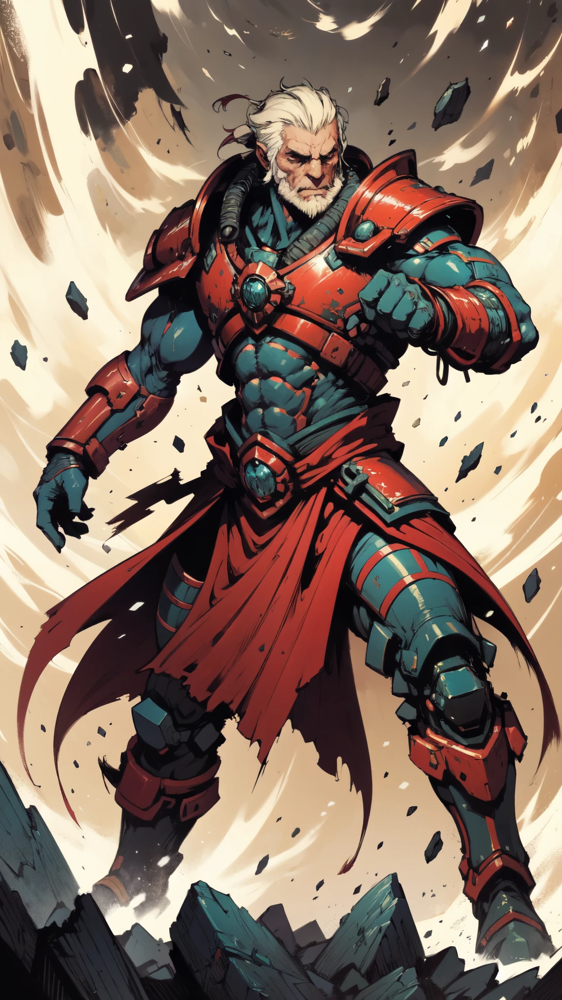 (masterpiece:1.2, best quality:1.2, extremely delicate:1.2), a middle-aged man, wild disheveled long hair streaked in red and black, a rugged and imposing face, a lightning-shaped tattoo on the left side of his face, sharp eyes, a confident smile, a tall and muscular build, a fantasy martial arts-style short-sleeved coat, form-fitting scale armor underneath, a black fur shawl drapes over his shoulders, wrist guards, matching canvas trousers, stands majestically on shattered ground, surrounded by floating debris, this character embodies a finely crafted fantasy martial arts-style overlord in anime style, exquisite and mature manga art style, dramatic, high definition, highres, ultra-detailed, ultra-fine painting, professional, perfect body proportions, golden ratio, anatomically correct, symmetrical face, extremely detailed eyes and face, high quality eyes, creativity, RAW photo, UHD, 32k, Natural light, cinematic lighting, (masterpiece-anatomy-perfect:1.2)