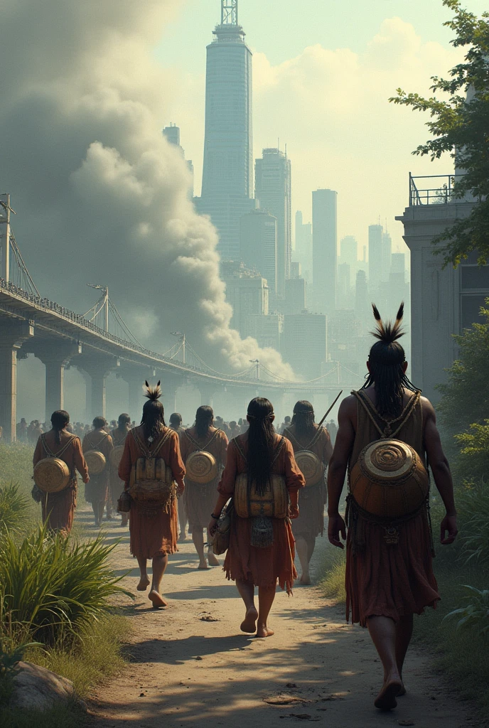 Indigenous people leaving an industrialized city 
