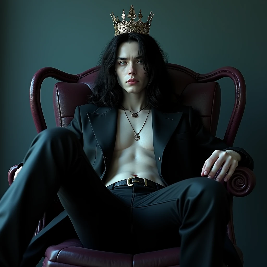 masterpiece, best quality, ultra-detailed, best shadow), (detailed background), (beautifully detailed face), high contrast, colorful, hyper detail, intricate details,, depth of field A sexy young male with long black hair and teal blue eyes, his facial features delicate and pretty. His skin is white and pale. He's wearing gothic clothes, and he has long, thick, shiny legs. He's wearing gothic long boots. Sitting on a chair, crossing legs and raising his leg and towering over you. He has a crown. The camera under his boot. (Black and purple) long black trench coat and shiny black leather jeans. (Sexy)