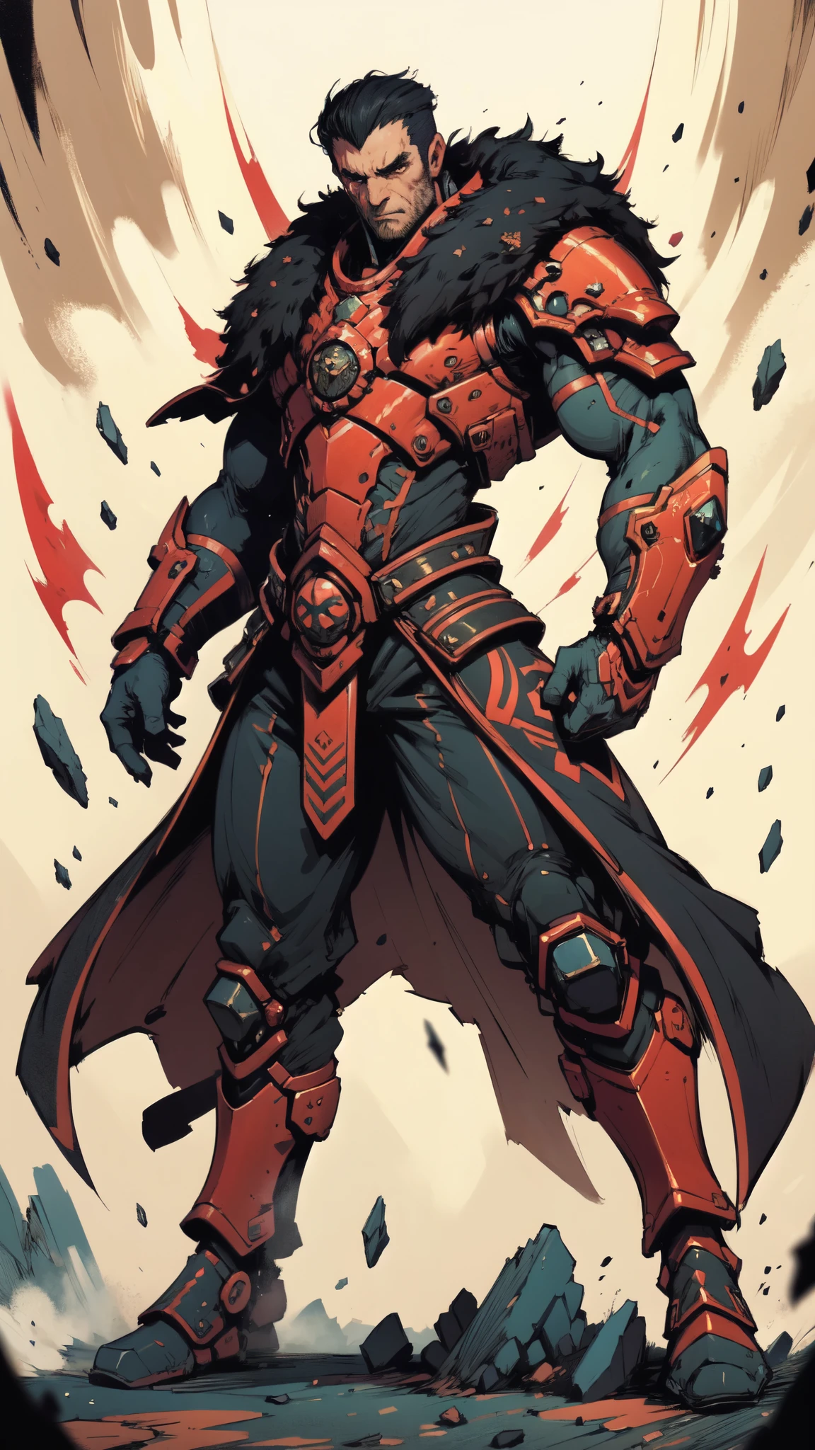 (masterpiece:1.2, best quality:1.2, extremely delicate:1.2), a middle-aged man, wild disheveled long hair streaked in red and black, a rugged and imposing face, a lightning-shaped tattoo on the left side of his face, sharp eyes, a confident smile, a tall and muscular build, a fantasy martial arts-style short-sleeved coat, form-fitting scale armor underneath, a black fur shawl drapes over his shoulders, wrist guards, matching canvas trousers, stands majestically on shattered ground, surrounded by floating debris, this character embodies a finely crafted fantasy martial arts-style overlord in anime style, exquisite and mature manga art style, dramatic, high definition, highres, ultra-detailed, ultra-fine painting, professional, perfect body proportions, golden ratio, anatomically correct, symmetrical face, extremely detailed eyes and face, high quality eyes, creativity, RAW photo, UHD, 32k, Natural light, cinematic lighting, (masterpiece-anatomy-perfect:1.2)