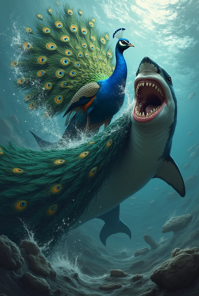 strong shark biting a peacock
