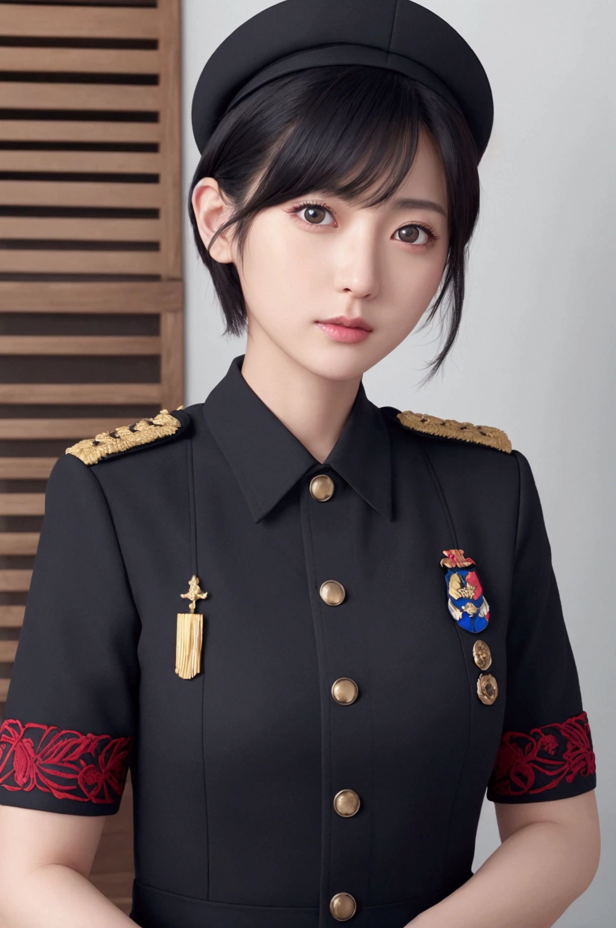 high quality, 最high quality, photo-Realistic, RAW Photos, Realistic, ultra Realistic 8k cg, Very detailed, High resolution, masterpiece, One person, short hair, Black Hair, black eye, Face and eye details, Intricate details, Detailed Texture, In detail,uniform、staff、whole body、Full Dress Hat、Japanese Army、Second World War、Staff Seal、Epaulettes、colonel、navy、Summer clothes、Xiejin