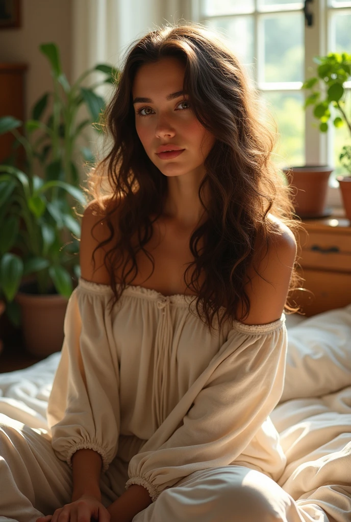 (photorealism:1.2), beautiful woman, sitting on bed, wearing loose off-shoulder top, pajama pants, long curly hair, indoors, soft lighting, plants in background, window with sunlight, cozy room, relaxed pose, realistic, intricate details, warm colors, by Greg Rutkowski, by Alphonse Mucha