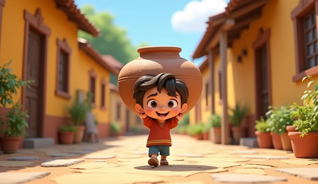 Ramu comes home with the pot) 3d cartoon 