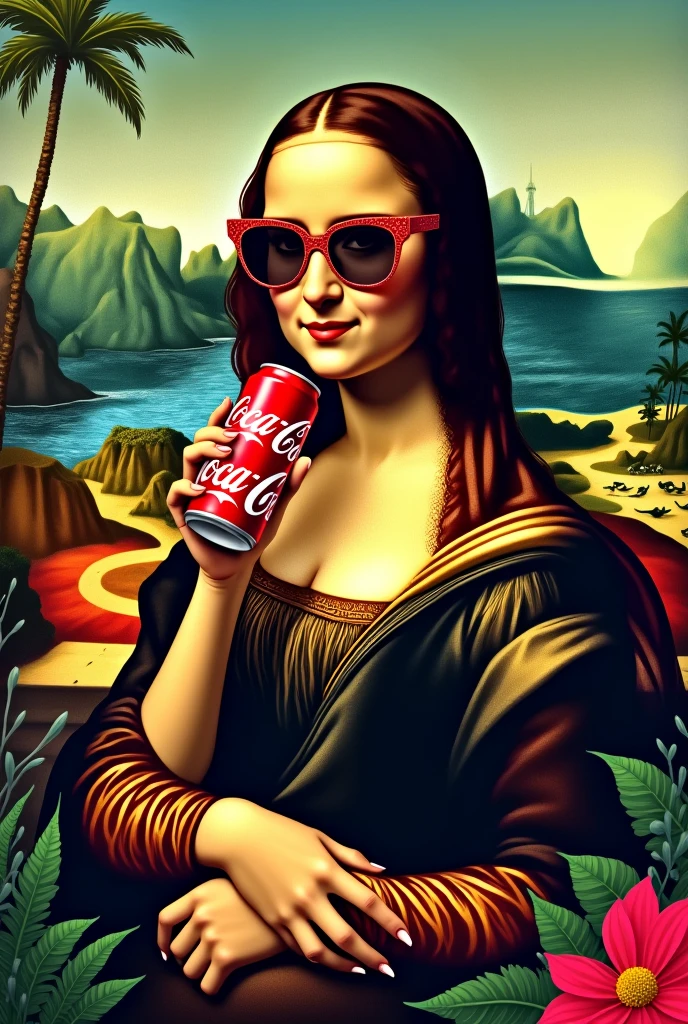 Create an image of the Mona Lisa with Brazilian aesthetics, drinking a can of Coca-Cola, wearing sunglasses at the beach in Rio de Janeiro.