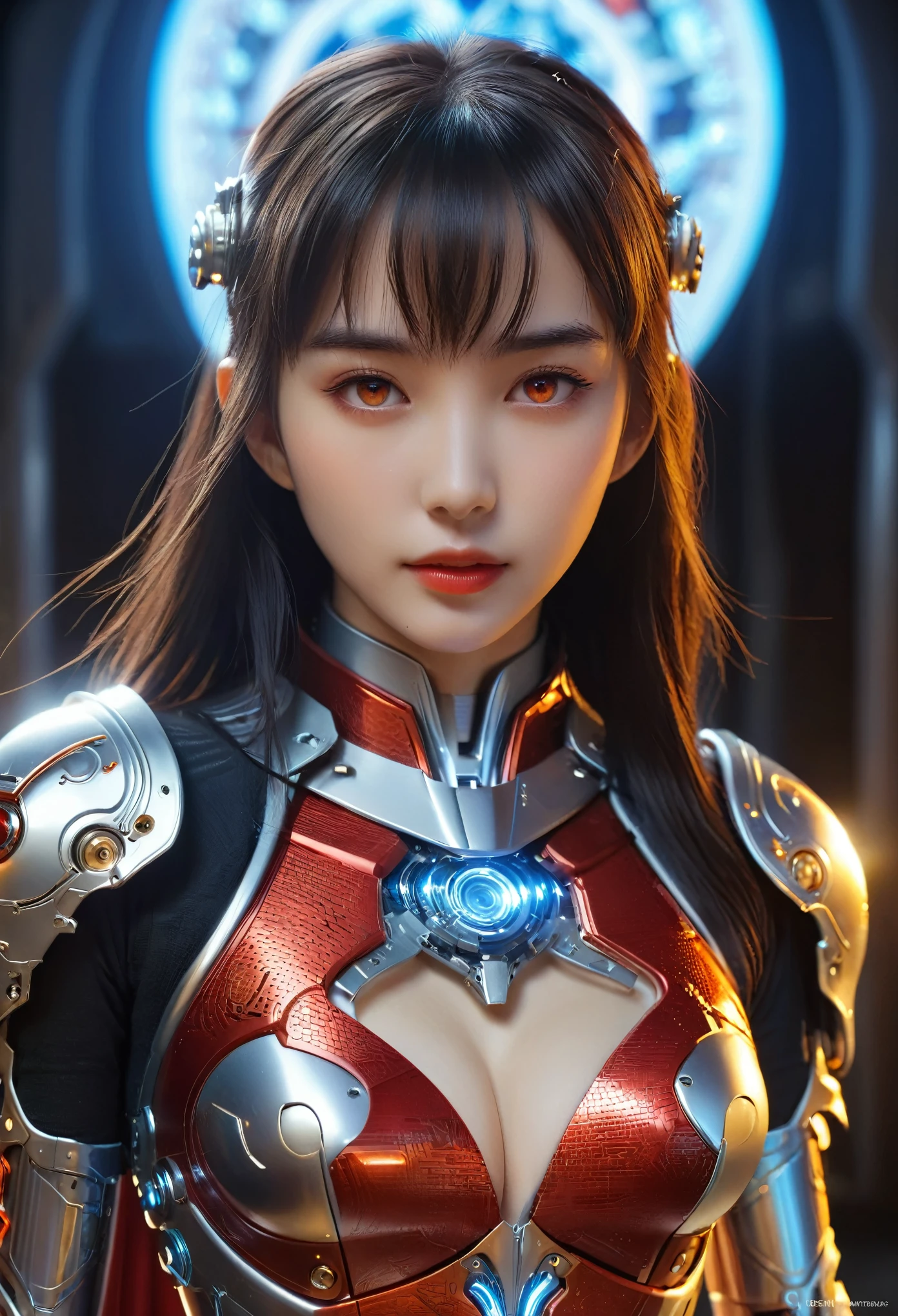 (Best Quality, 4K, 8K, High Resolution, Masterpiece: 1.2), (Super Detailed, Realistic, Photorealistic:1.37), A woman in futuristic clothing, Trending on cgstation, Trending on cgstation, (Portrait of a girl in the Knights of the Zodiac:1.4), blunt bangs, Cute Cyborg Girl, Perfect android girl, Portrait Astronaut Girl, Beautiful girl cyborg, (Girl wearing iridescent red mechanical cyber armor:1.3), Game CG, cgsociety and fenghua zhong, Beautiful Cyborg Shrine Maiden, Bioluminescence, (Yua Yaiba:0.5), (Golden eyes:1.5), Anatomically correct grip, (Sharp and long claws:1.4), erotic and sexy, black, wearing a gorgeous cape