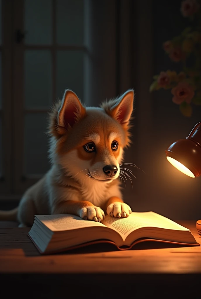 A dog reading book in the lamp night vision