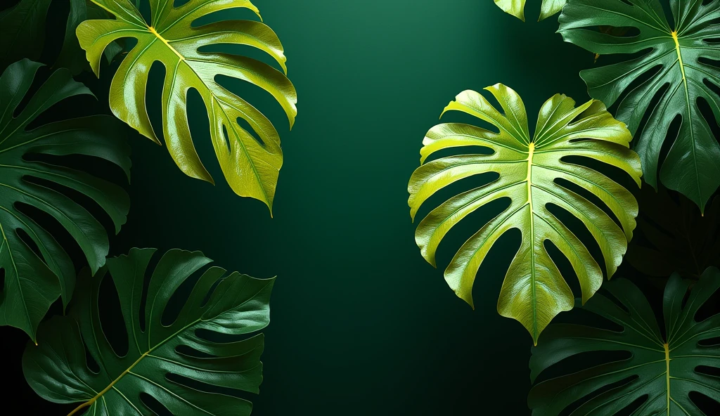 Large golden monstera leaves shining against an olive green background