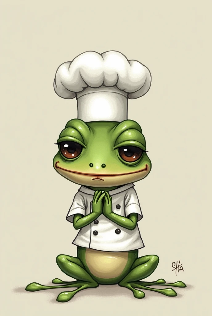 a sad animated frog wearing a chef hat 



