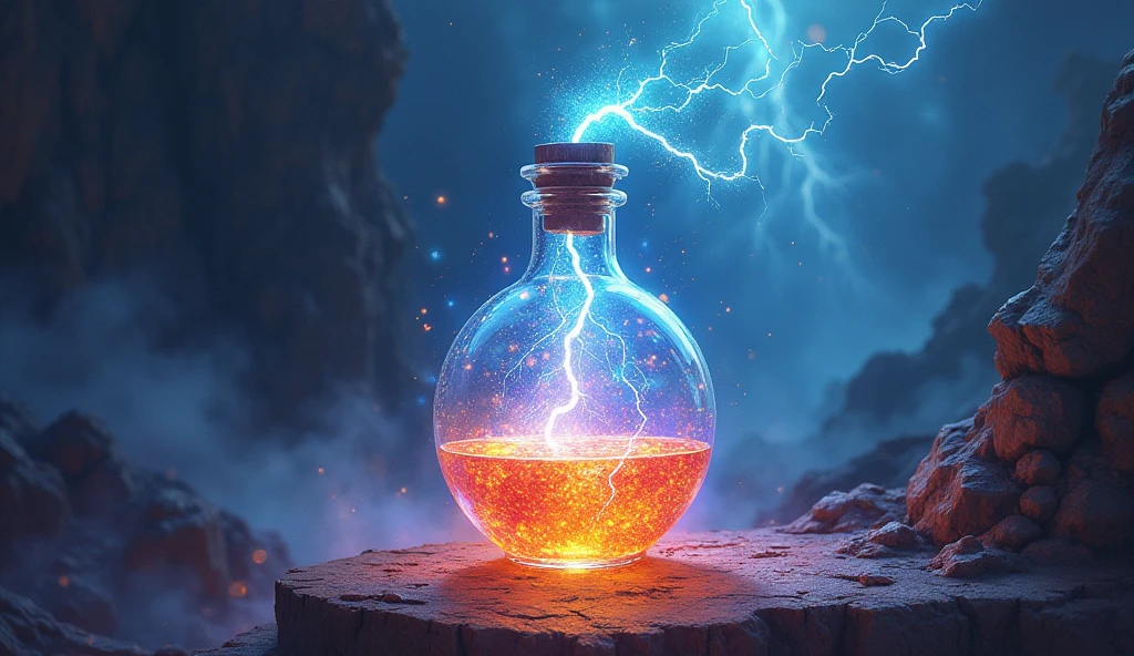 (realistic painting_style ) thundermagic charged-aura potion-that-greats-the-drinker-the-power-to-create-sonic-booms demijohn soft-lighting fantastic-colorful (masterpiece:1.2) ultra-detailed (best-quality) illustration
