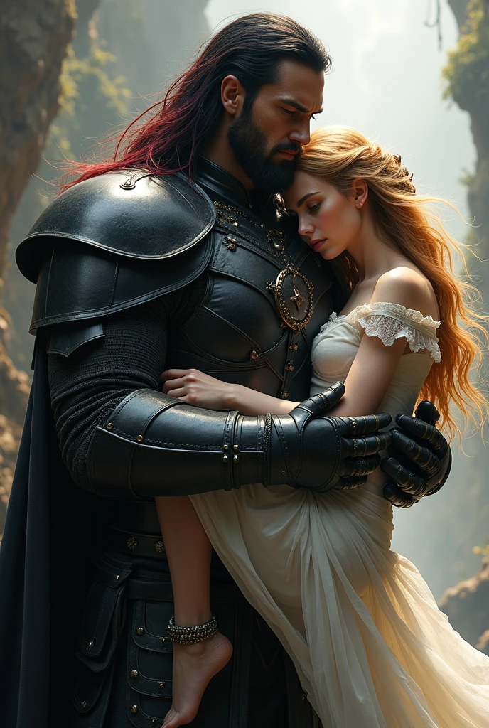 A warrior, a man of 1.90 meters tall, clad in black armor, with black hair streaked with red, carrying a young maiden in his arms, the maiden's beauty is unmatched, her golden hair like threads of gold.