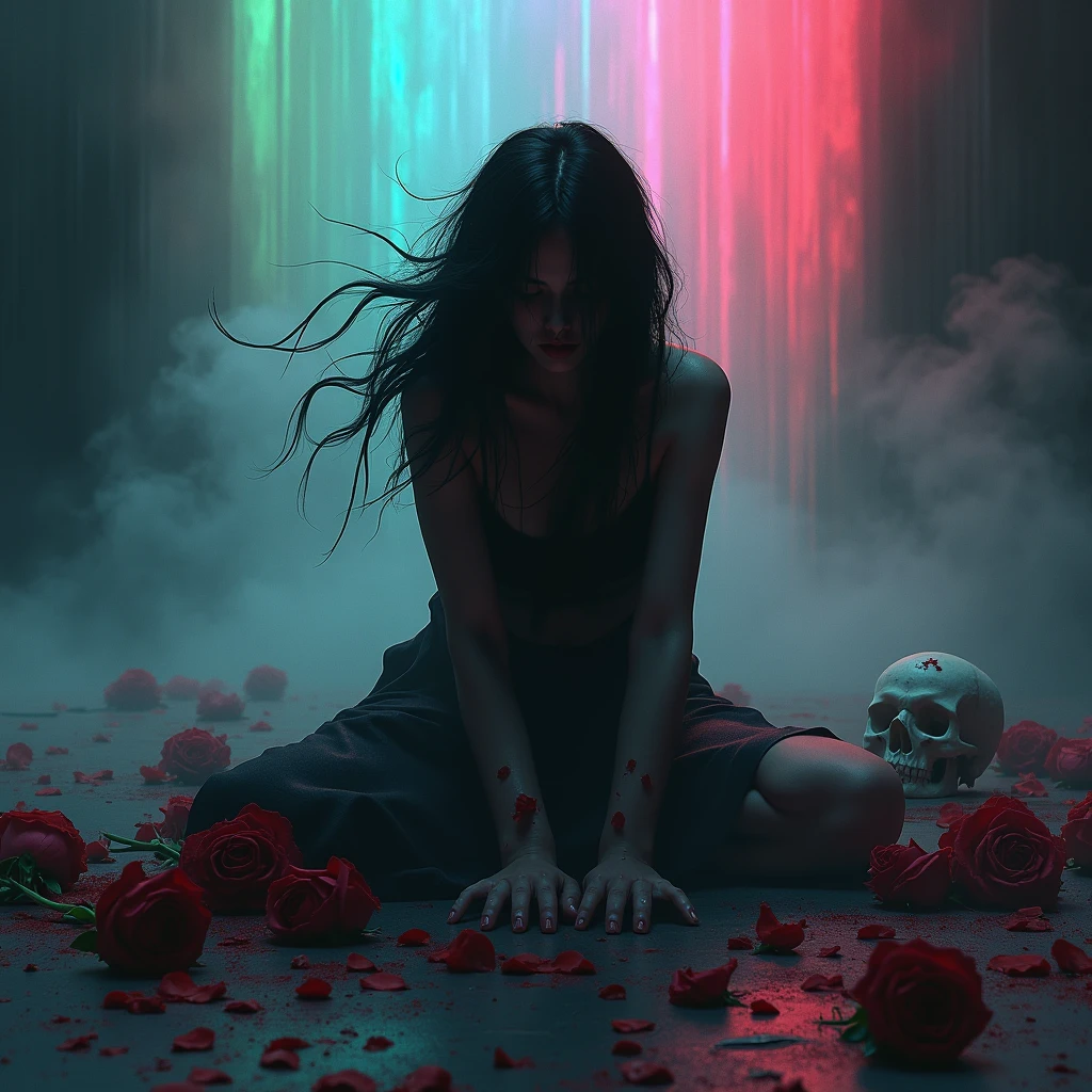1 girl, (silhouette:1.3), blackwork, painful, nasty, sheet, roses, Scull, Abstract, ambient lighting, (blurred background, blurred foreground, depth of field:1.3), Swirling fog, Rainbow Mist, traditional texture, neon