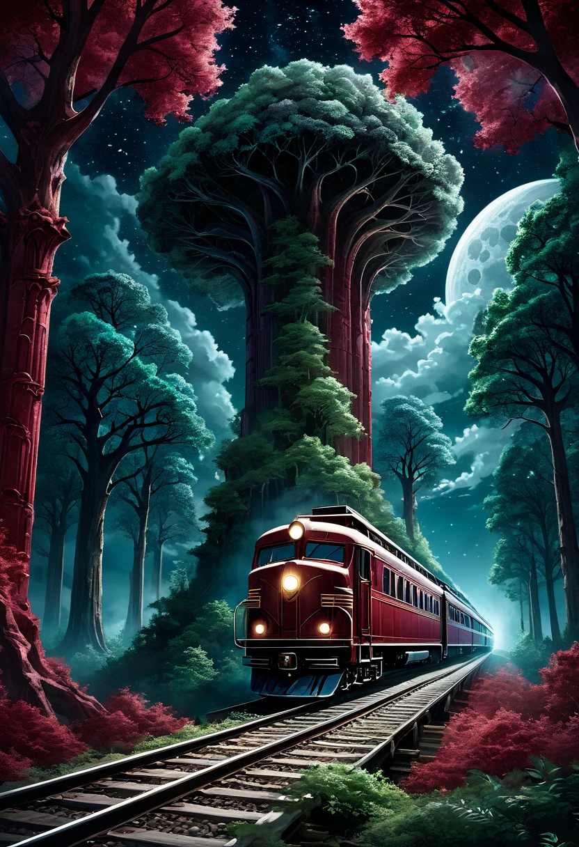 **Prompt:**
A surreal scene of a train crossing under a moonlit sky, surrounded by towering trees and ancient pillars, with a deep red background. The night sky is dotted with bright stars, creating a mystical atmosphere. The image should be in the style of dark fantasy with elements of gothic surrealism, hyperrealistic details, and high contrast lighting —ar 2:3 —q 2 —v 5.1
