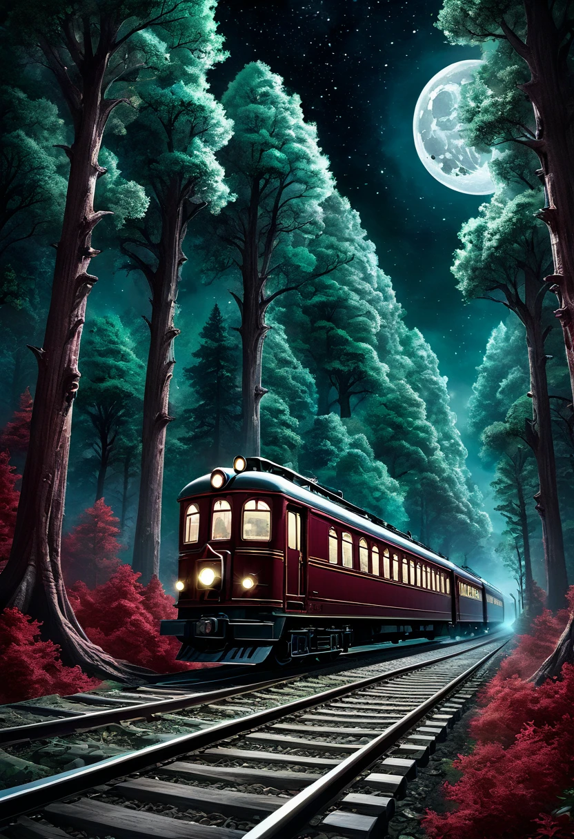 **Prompt:**
A surreal scene of a train crossing under a moonlit sky, surrounded by towering trees and ancient pillars, with a deep red background. The night sky is dotted with bright stars, creating a mystical atmosphere. The image should be in the style of dark fantasy with elements of gothic surrealism, hyperrealistic details, and high contrast lighting —ar 2:3 —q 2 —v 5.1