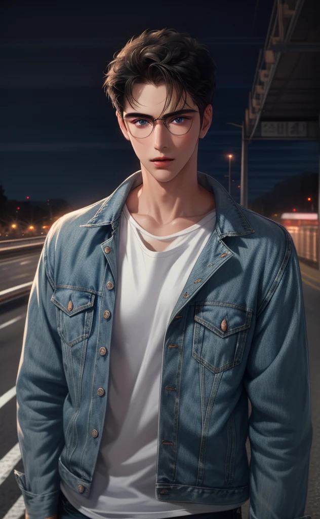 Handsome man ,Wearing a denim jacket,White T-shirt, short black hair, Delicate face, White skin, On the overpass at night,Wearing thin-rimmed round glasses,blue eyes