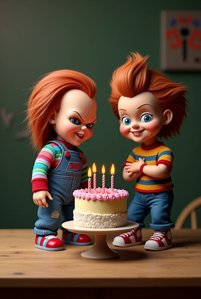 An image with Chucky in the center, On the table a cake and Johnny Bravo at its side.ñ smiling taking a photo.