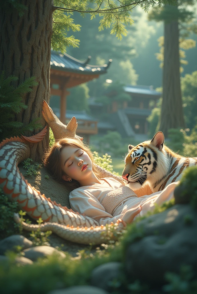 A space fairy girl wearing a kimono, smiling and sleeping while lying down. In a wooden Zen temple in the forest, under a pine tree, an Eastern dragon and a big tiger gently guard her.