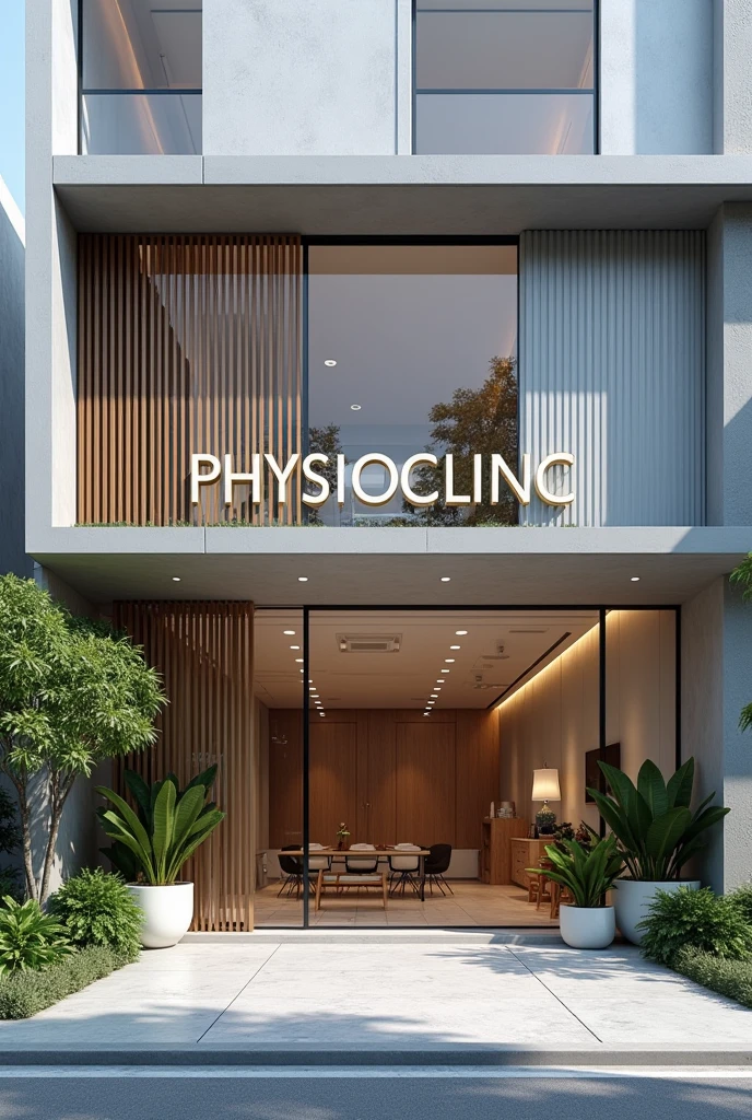 Create an image of a physiotherapy clinic with the name Physioclinic. The image should include the name and the facade of the clinic. 
