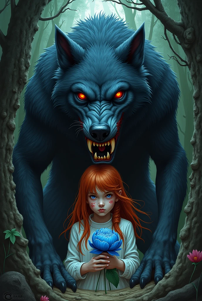 Create a book cover with an extremely bloody and terrifying werewolf at the entrance of a dark and dense forest with a young girl behind him, with long red hair, her face was full of bruises, her eyes were honey colored, her her skin was white, of an angelic beauty, she was holding a blue peony in her hands looking at it, I want the image to have a caption saying "The Girl in the Blue Cover" with a beautiful and eye-catching handwriting but written in Portuguese