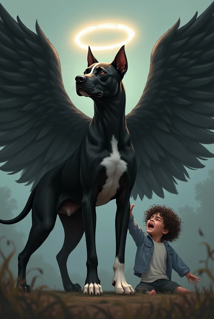 Black pitbull with wings and halo
With a white paw
And its curly-haired owner crying 