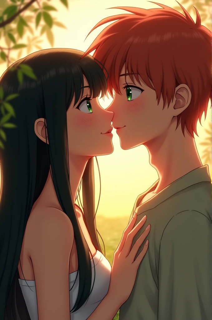 Young brunette, with long straight black hair, kissing a red-haired boy with green eyes