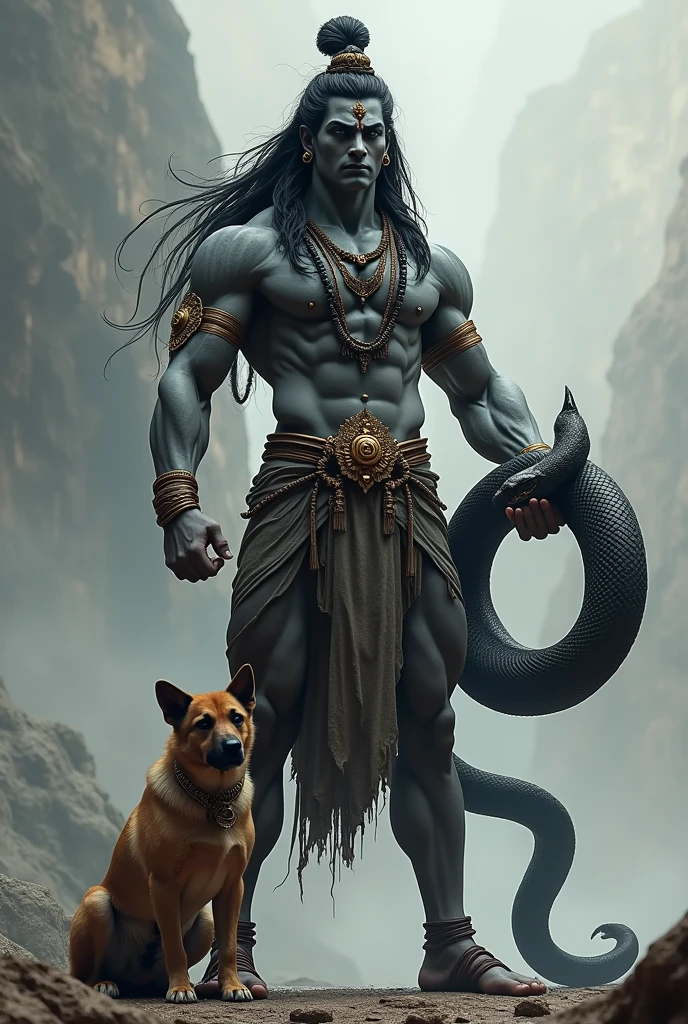 Lord Shivan standing , gym body , black cobra on hand , dog sitting