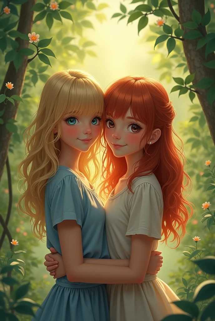 A blonde haired girl, blue eyes  with her girlfriend that has red hair 
Blue eyes In a forest
