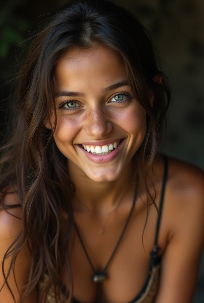 A ultra-highly detailed soul-stirring closeup portrait foto of 22 year old super attractive tribal teen girl looking straight into the camera, light skin, hunters and collectors, highly detailed face, simple leather clothing, grins, sharp focus, highly detailed skin texture, goosebumps, cinematic, 8k, grain, anchestral, kinky belt bra