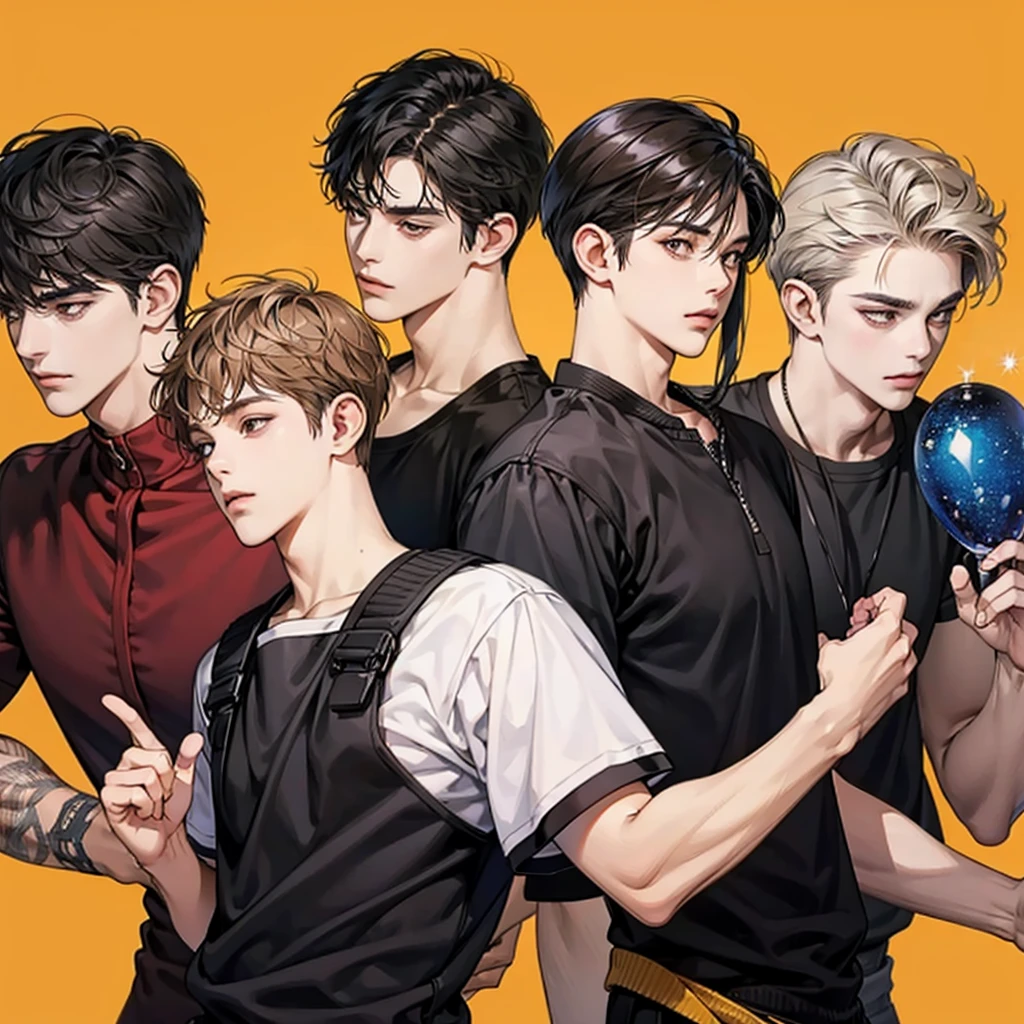 Four boys, black hair, brown eyes, simple background, high resolution, brown hair, stand in a line.., Wear a t-shirt, shut your mouth, handsome, cool,