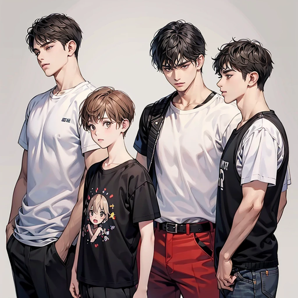 Four boys, black hair, brown eyes, simple background, high resolution, brown hair, stand in a line.., Wear a t-shirt, shut your mouth, handsome, cool,