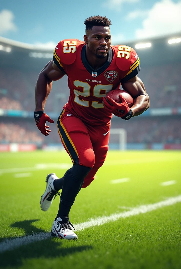 Crate a 2d image of a football player playing football in green field 